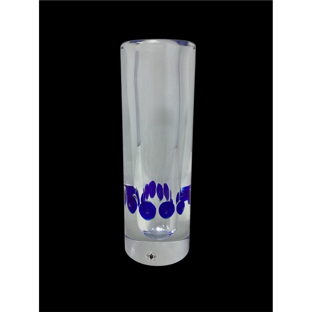 Beranek 11" Clear Glass Vase Controlled Cobalt Blue Circles Czech Republic